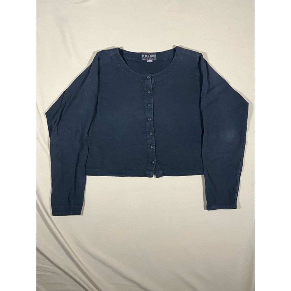 El Huarache Imports Navy Blue Cotton Cropped Button Down Long Sleeve Women M